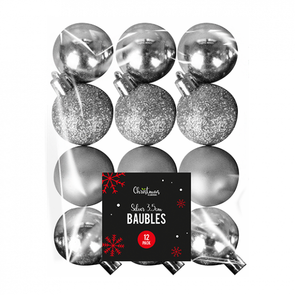 Silver Baubles 3 5cm Dia 12 Pack
