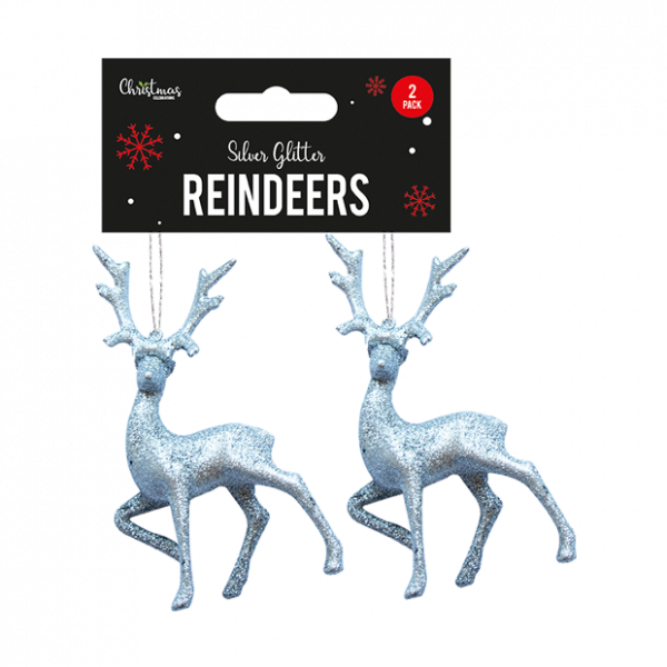 Silver Glitter Reindeer Decorations 2 Pack