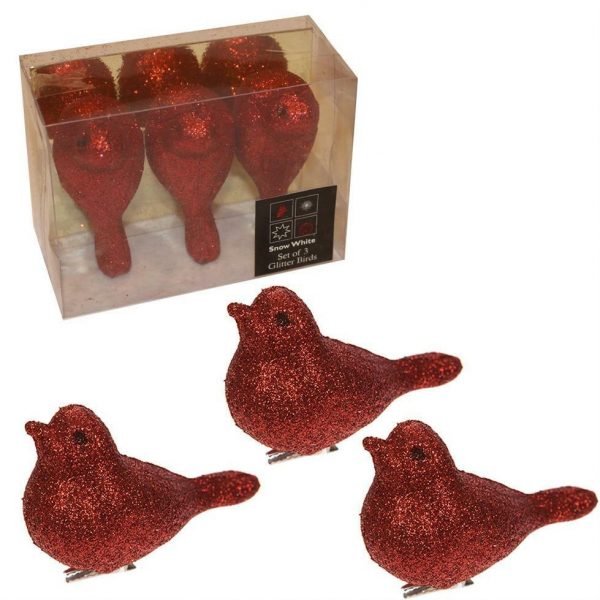 Red Clip On Glitter Birds   3 Pack