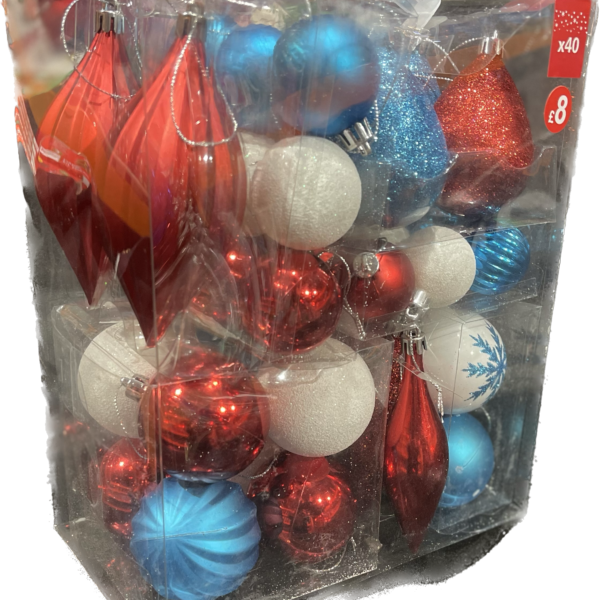 40 Assorted Baubles Blue/Red/White
