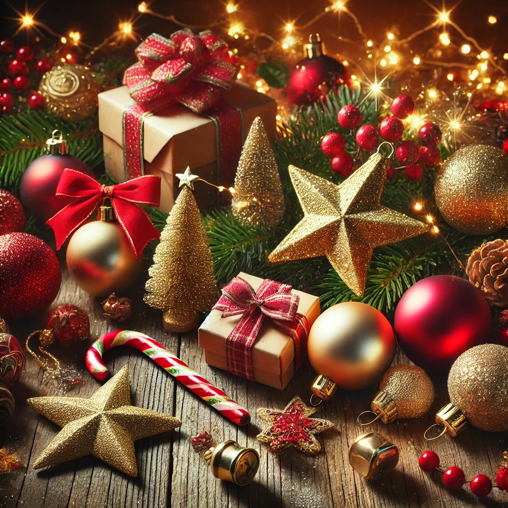 DALL·E 2024 11 04 17 02 36 A high quality Christmas themed image representing the category Decorations  An assortment of classic Christmas decorations including baubles garl