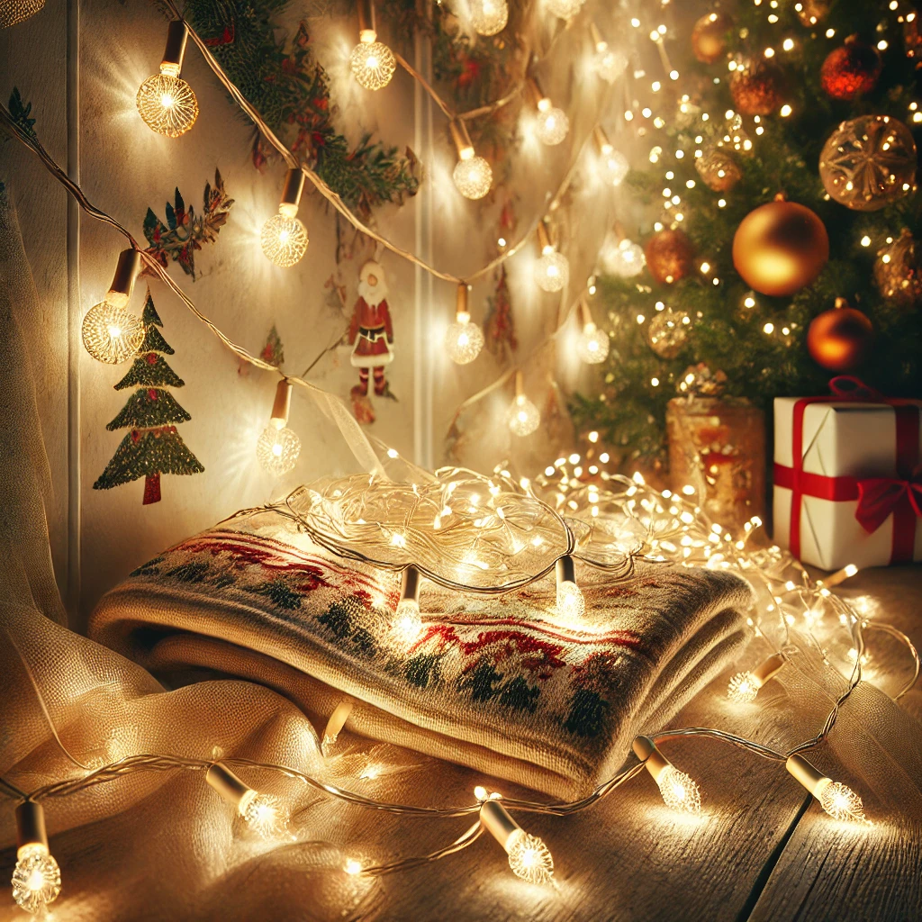DALL·E 2024 11 04 17 07 53 A high quality Christmas themed image representing the category Lights A festive display of string lights in warm white draped in a holiday patte
