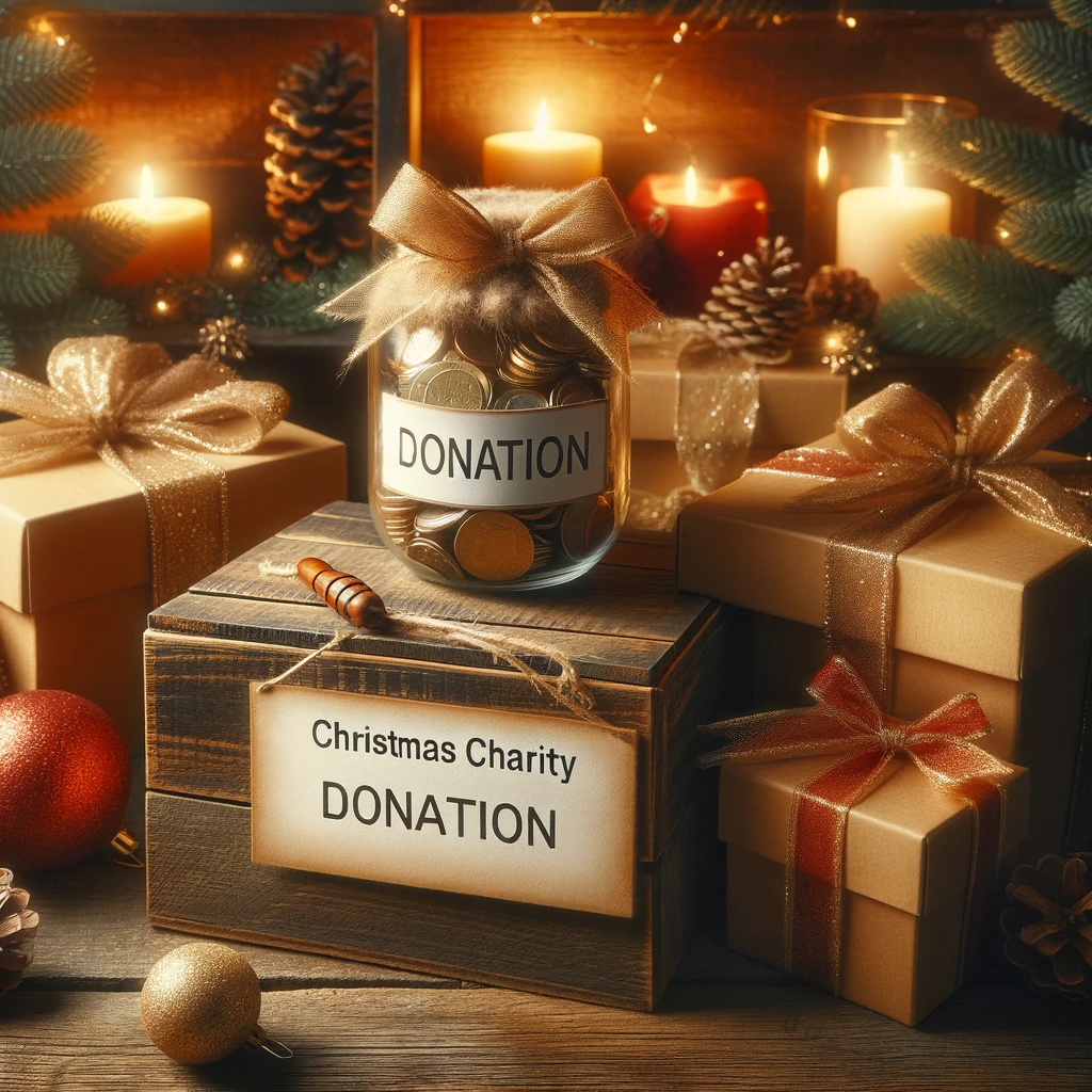 DALL·E 2024 11 04 17 15 12 A high quality Christmas themed image representing the category Donation A cozy holiday scene with beautifully wrapped gift boxes and a donation j