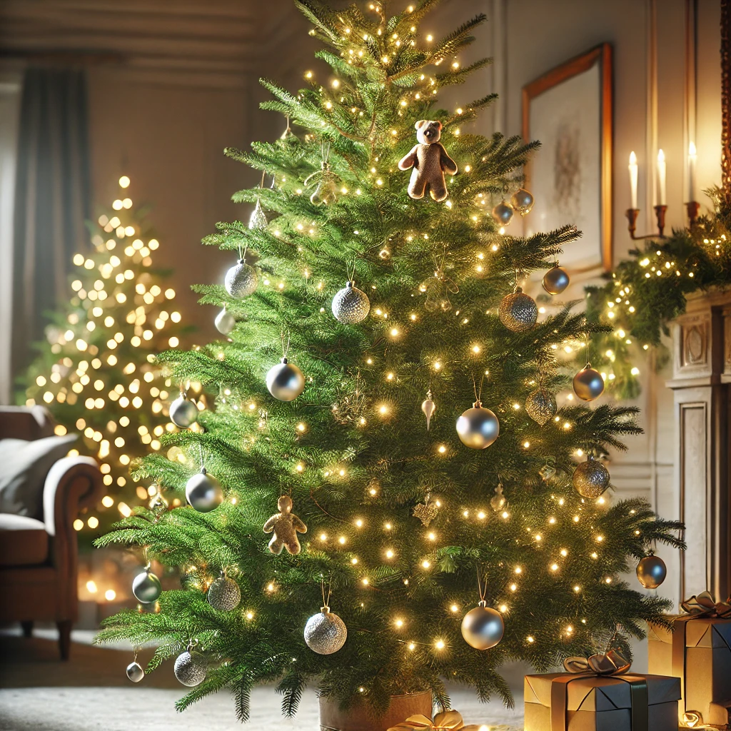 DALL·E 2024 11 04 17 17 32 A high quality realistic Christmas themed image representing the category Christmas Tree A natural British grown Christmas tree with lush green br